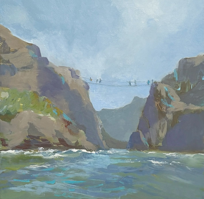 An impressionistic painting of a coastal landscape with steep rocky cliffs, a suspension bridge called Carrick-a-rede spanning the gap, and blue-green water in the foreground under a cloudy sky.