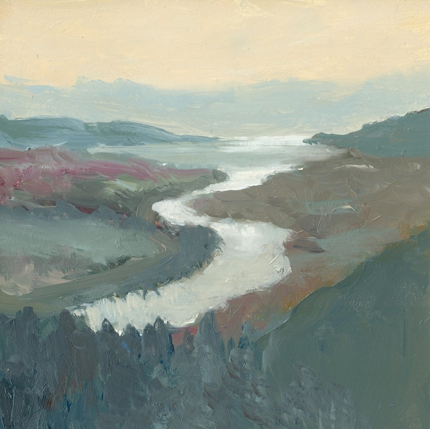 An impressionistic landscape painting of a winding river flowing through a valley, Carlingford lough, with muted blue-gray hills, a pale sky, and areas of pink and brown.