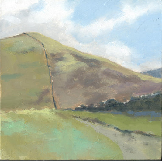 Painting of a landscape with green hills and a blue sky | Mourne mountains | walking along the Mourne wall | Polly Gribben
