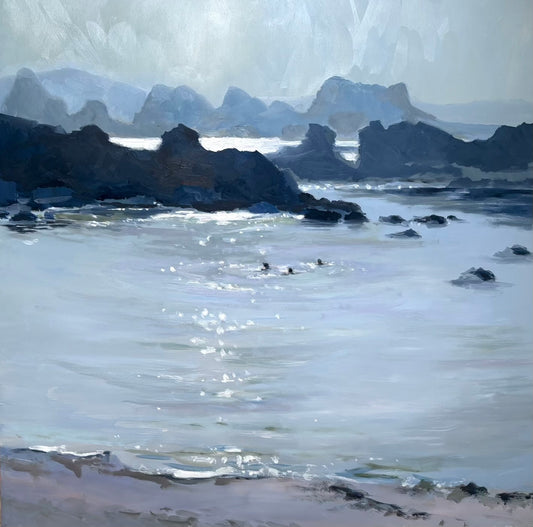 Swimmers in Ballintoy bay in a summer evening with sparkling light