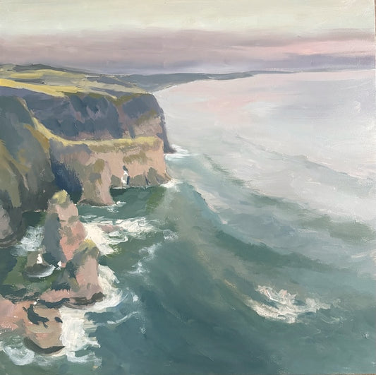 An oil painting of a dramatic coastal landscape at Magheracross featuring steep green and brown cliffs dropping into a deep teal ocean with white surf under a soft pink and gray sky. Views of Whiterocks and Portrush in the distance.