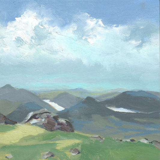 Painting of a mountain landscape with green fields and blue sky | Mournes painting | Slieve Bernagh | Polly Gribben