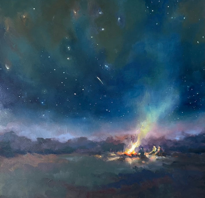 Three people sitting under a sky full of stars and enjoying a campfire painting