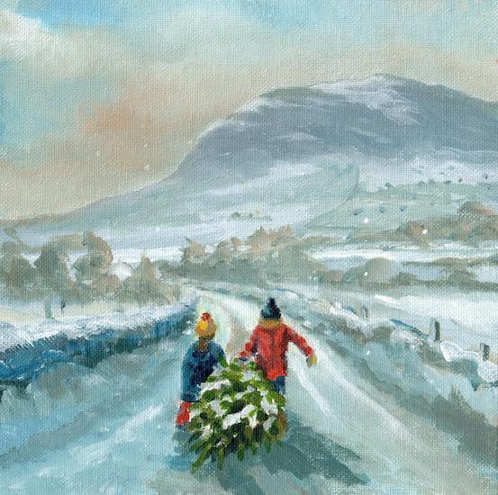 Irish fine art Christmas card | Slemish in the snow | Children and Christmas tree | Slemish and a Christmas tree | Polly Gribben