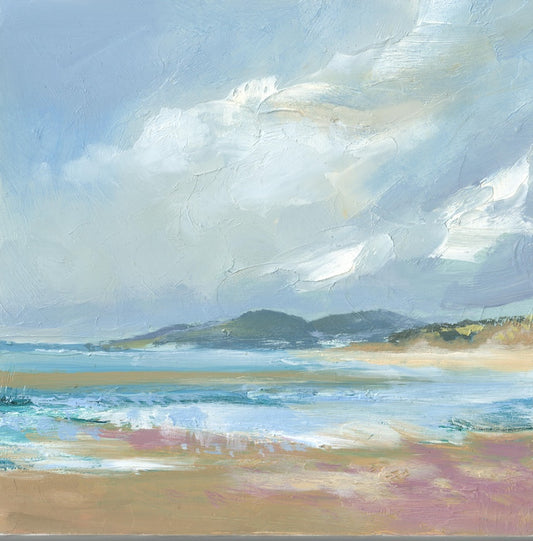 Painting of a beach scene with waves and a cloudy sky | Murlough | Mournes | Polly Gribben irish artist