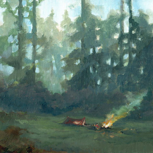 Irish landscape painting | Wild camping | Campfire | Polly Gribben | Forest camping 