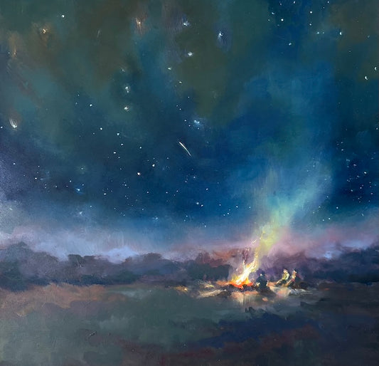 Three people sitting under a sky full of stars and enjoying a campfire painting