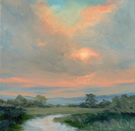 Irish landscape painting | Irish art | Northern Ireland landscape painting | Braid river sunset | Polly Gribben